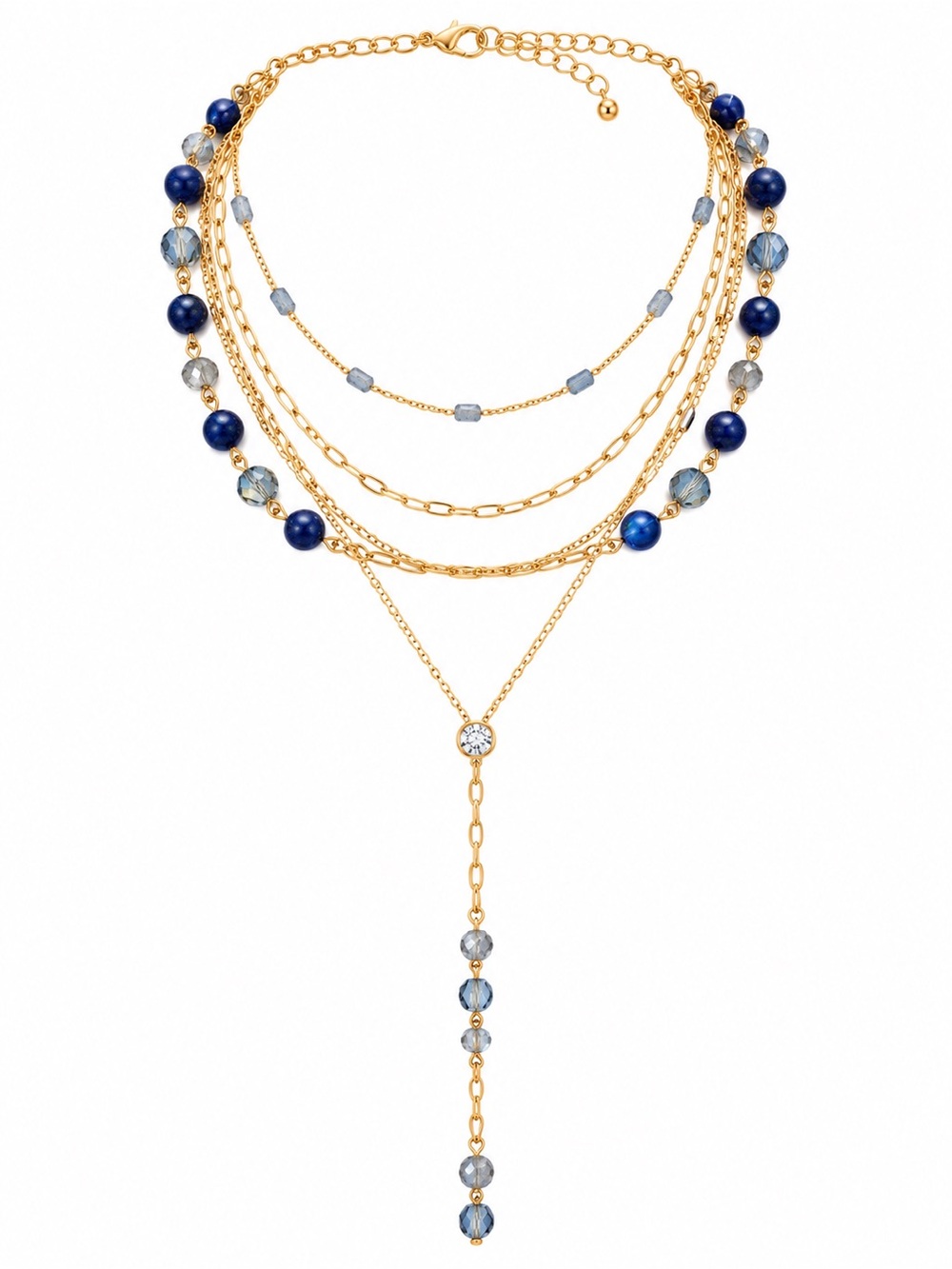 Fashion Jewelry Gold Layered Necklace with Navy and Light Blue Beads